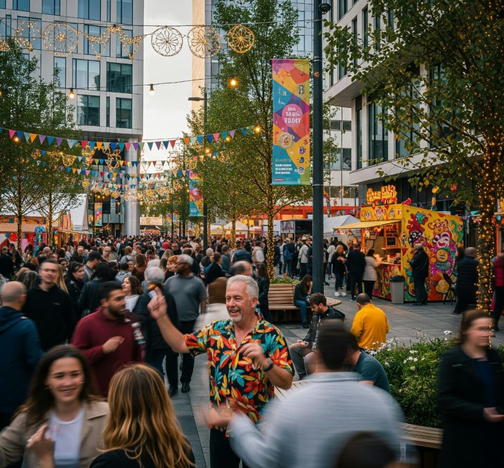Imagem conceitual gerada por IA representando os elementos essenciais do placemaking autêntico: pessoas, significado e atividades integrados em um espaço urbano vibrante, em contraste com abordagens superficiais de marketing de lugares.