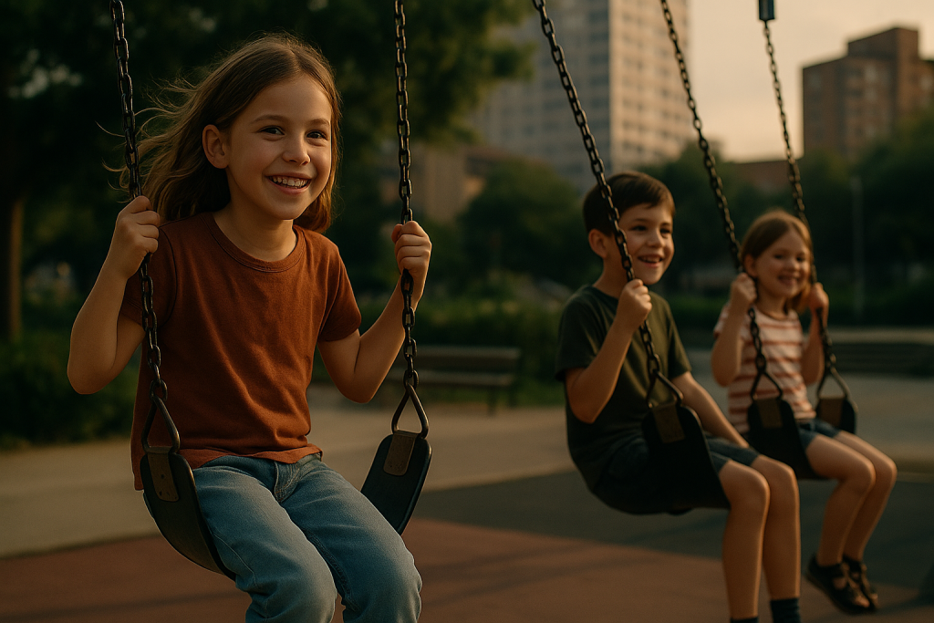 Três crianças sorrindo em um balanço de parque urbano ao entardecer, com prédios ao fundo e árvores ao redor.