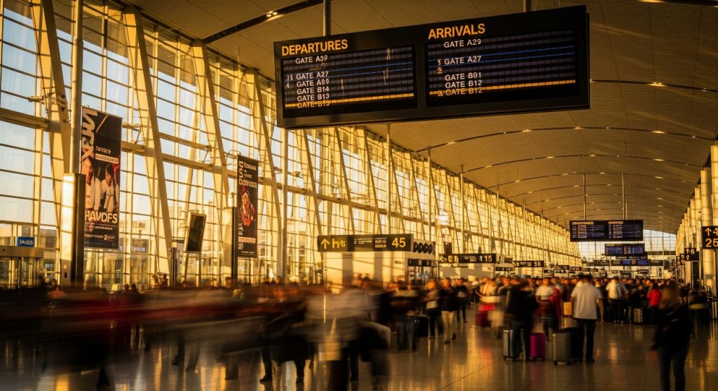 Saguão de aeroporto movimentado ao entardecer, com painéis de voos e pessoas circulando com malas sob luz dourada.