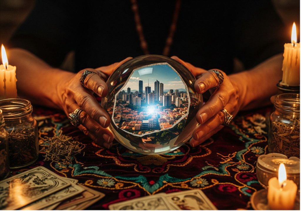 “Mãos segurando uma bola de cristal que reflete uma cidade moderna com prédios altos ao centro.”