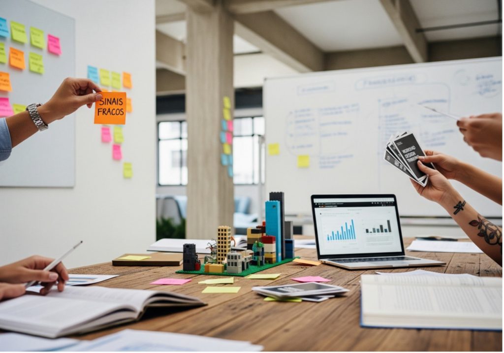 “Mesa de trabalho com post-its, livros, laptop com gráficos e uma pessoa segurando um post-it escrito ‘Sinais Fracos’.”