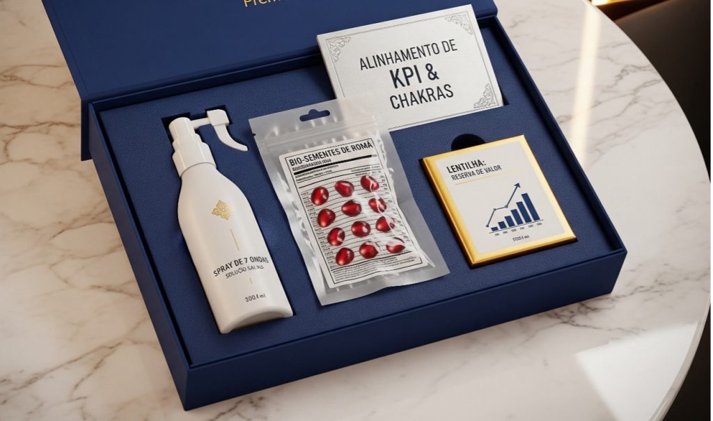 “Kit em caixa azul contendo spray, pacote de sementes e cartões com textos humorados como ‘Alinhamento de KPI & Chakras’.”